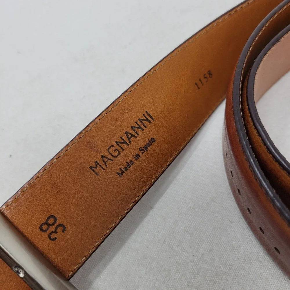 Magnanni Belt Size 38 Mens Cognac Brown Leather Made in Spain 1158 Burnished